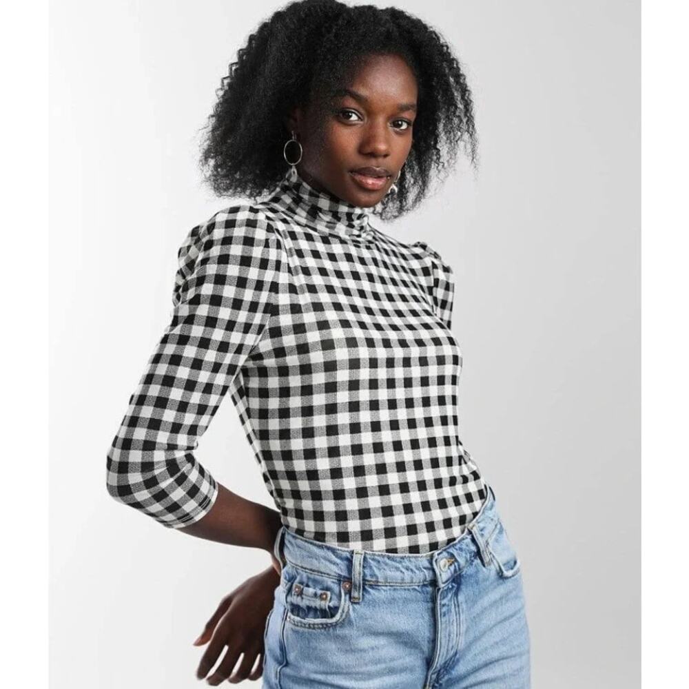 Free People Plaid Turtleneck Top S Buffalo Check Cropped